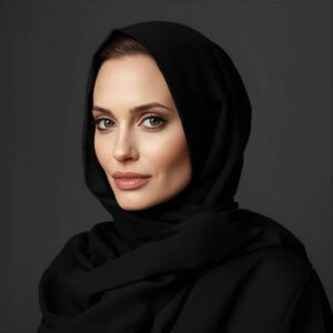Angelina Jolie wearing a black hijab, showcasing the luxurious and sophisticated appearance of silk hijab fabrics, one of the best hijab fabrics for formal events.