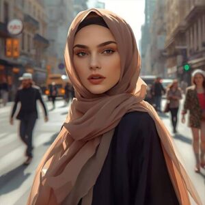 gigi hadid in a beige hijab, capturing the versatility of chiffon hijab fabrics for both casual and formal settings.