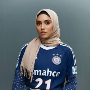 Halima Aden in a beige jersey hijab, ideal for activewear, demonstrating the comfort and flexibility of jersey hijab fabrics, one of the best fabrics for everyday use.