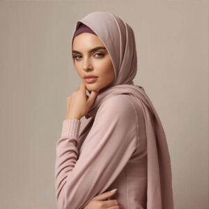 kendell jenner in a dusty pink hijab, perfect for showcasing the softness and stretchiness of georgette fabric, one of the best hijab fabrics for beginners
