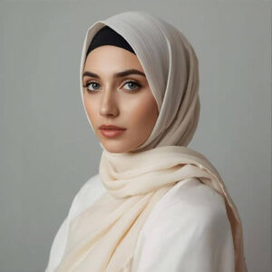 maryam m salman with a soft cream-colored hijab, exemplifying the luxurious texture of linenhijab fabrics, the best for casual wearing.
