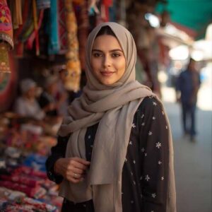 nadiya hussain wearing a gray hijab in a market, demonstrating the elegance of breathable modal hijab fabrics suitable for all seasons