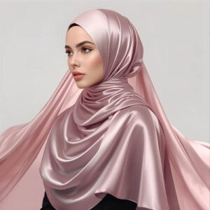 A luxurious silk hijab styled with smooth, flowing fabric that elegantly drapes over the shoulders, offering a sophisticated look with a soft sheen that catches the light.
