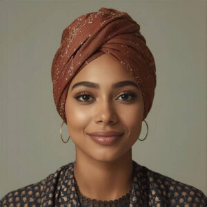 A stylish turban-style hijab where the fabric is wrapped around the head with a criss-cross effect at the front, creating a dynamic and textured look. This elegant and bold style adds volume and structure, perfect for those who want a chic, modern appearance.