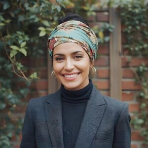 A polished and structured turban-style hijab, featuring sleek folds and a smooth, neat finish. It’s an elegant and timeless look, ideal for formal occasions or everyday wear.
