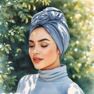 A contemporary, stylish hijab look where the fabric is twisted and knotted at the top of the head, adding volume and structure to the style. Perfect for a modern, sophisticated appearance.