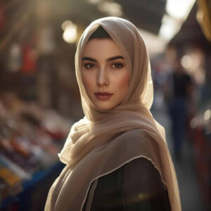 Yasmin Z wearing a beige viscose hijab, showcasing the soft, breathable, and versatile nature of viscose hijab fabrics, one of the best hijab fabrics for everyday wear.