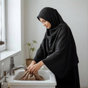 A woman in a black hijab is hand-washing a towel in a sink. She is gently wringing the fabric, demonstrating the careful process of how to wash hijabs by hand to prevent damage.
