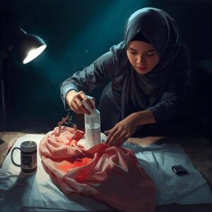 A woman in a dark hijab carefully sprays water onto a piece of clothing, possibly a hijab, under focused light. She appears to be pre-treating a stain, showcasing a step in how to wash hijabs and keep them looking fresh.