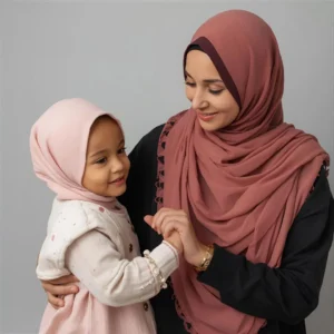 A little girl in a soft blush hijab lovingly held by her mother wearing a rose-colored hijab, smiling at each other. A beautiful moment illustrating how to talk to younger girls about hijab with kindness and warmth. Both in Hoor Hijab n Abayas.