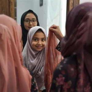 Young girl wearing a light pink hijab, smiling at her reflection in the mirror while holding a scarf, guided by her elder sister. A warm scene showing how to talk to younger girls about hijab through playful learning. Outfit by Hoor Hijab n Abayas.