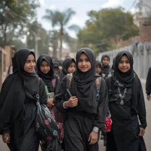 A group of young girls wearing black hijabs, walking together. The hijab symbolizes modesty, representing what is a hijab in its simplest form. These girls are proudly wearing the hoor hijab n abayas, a traditional choice for modest dressing