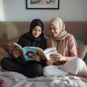 Two Muslim girls sitting on a bed reading hijab-themed books like The Proudest Blue, smiling and bonding, showcasing how to talk to younger girls about hijab using storytime. They are wearing modest outfits from Hoor Hijab n Abayas.