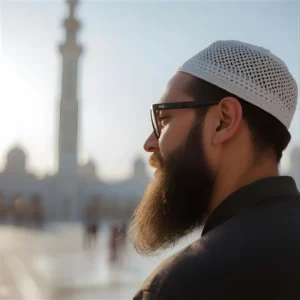 A Muslim man wearing a white kufi, illustrating male modesty in Islam and complementing the discussion on why do Muslim women wear hijabs for the Hoor Hijab n Abayas blog.