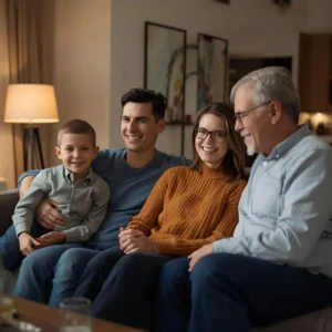 A family sitting together comfortably at home, showing the private spaces where women can remove hijab, supporting the article on why do Muslim women wear hijabs on the Hoor Hijab n Abayas blog.