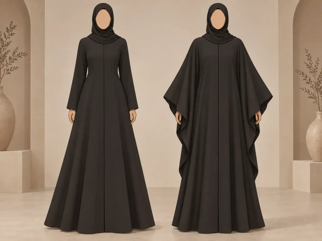 Side-by-side comparison of an A-line abaya and a butterfly-sleeve abaya silhouette