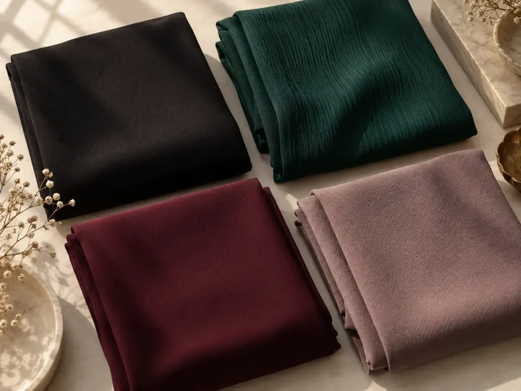Folded nida fabric swatches in black, emerald green, maroon, and dusty mauve for abayas