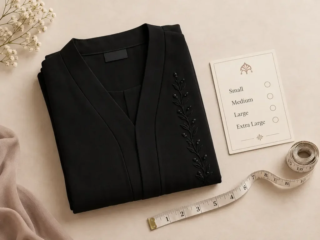 Hoor Hijab & Abayas abaya size chart with tape measure and folded abaya for at-home measuring