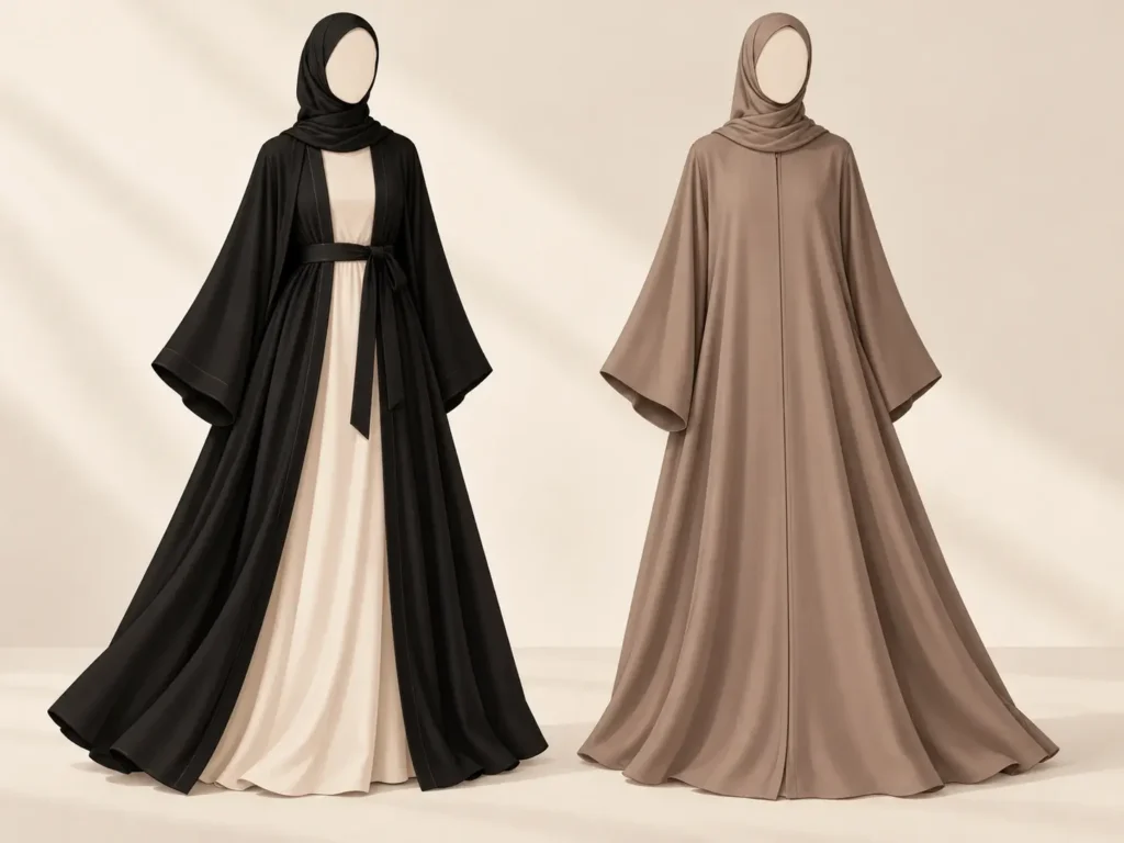 Open Abaya vs Closed Abaya styles displayed side by side featuring a belted black open abaya and an elegant taupe closed abaya by Hoor Hijab and Abayas.