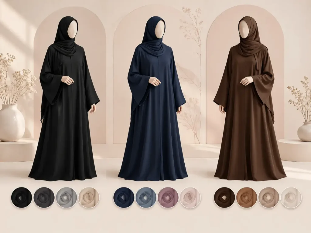 Hoor Hijab & Abayas color matching guide featuring three elegant abaya silhouettes in black, navy, and brown with matching hijab color swatches displayed below each outfit on a soft blush and cream minimalist background.