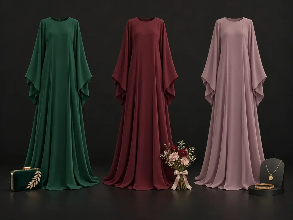 Emerald green, burgundy, and dusty mauve abayas displayed beside an evening clutch, floral bouquet, and gold jewelry on a dark background.