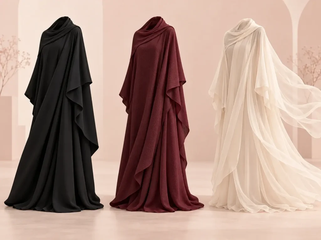 Hoor Hijab & Abayas comparison of Nida, crepe, and chiffon fabric drape and movemen