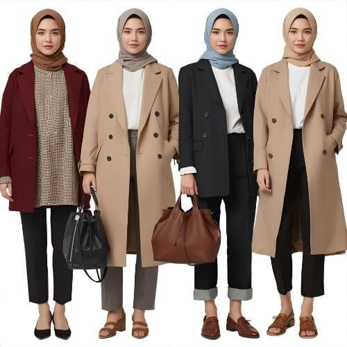 Modest fashion ideas with stylish outfits for workwear, featuring chic hijab styles and modern coats. Explore elegant and professional looks at Hoor Hijab n Abayas