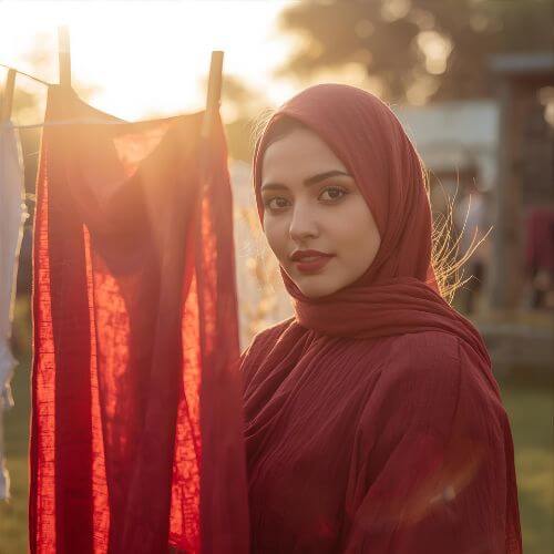 A woman in a red hijab stands outdoors, holding a garment on a clothesline. The sunlight highlights the delicate fabric, giving a glimpse of how to wash hijabs and properly air-dry them.