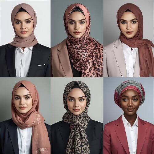 Showcase of different hijab styles featuring a variety of looks for professional, casual, and stylish outfits. Find hijab inspiration for every occasion at Hoor Hijab n Abayas.
