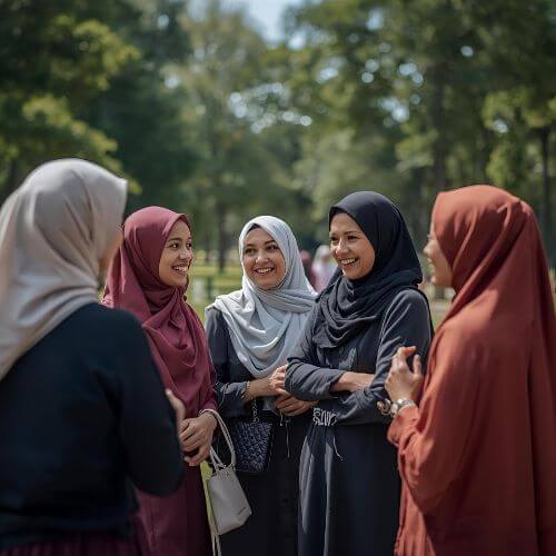 A group of women wearing various hijabs in different colors, showcasing the diversity and style options available in the best hijab fabrics for both casual and semi-formal gatherings