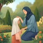 Illustrated image of a mother gently placing her hand on her daughter’s head in a garden, both wearing hijabs. A symbolic moment teaching how to talk to younger girls about hijab with love and gentle values. Art inspired by Hoor Hijab n Abayas’ style.