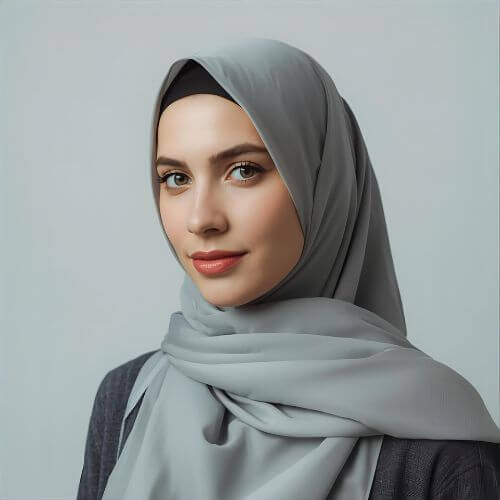 A woman wearing a light grey Hijab paired with an elegant abaya, showcasing modest fashion with the Hijab Undercap securely in place underneath.
