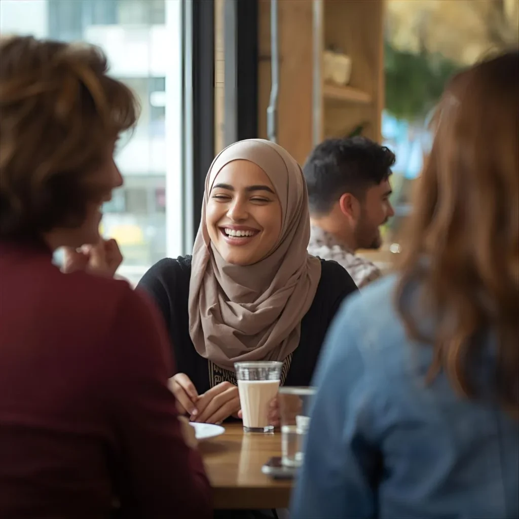 A Muslim woman wearing a beige hijab smiling warmly while sitting with friends in a café, reflecting the theme of why do Muslim women wear hijabs, created for the Hoor Hijab n Abayas blog.