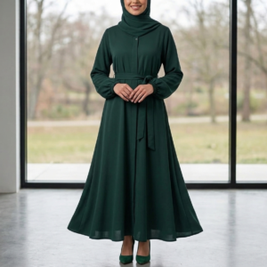 Bottle green nida abaya with elastic cuff sleeves, zipper pocket, and matching waist belt
