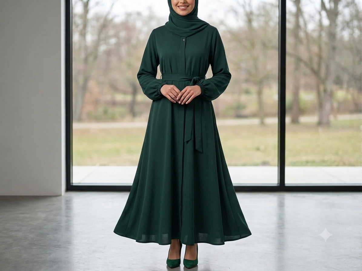Bottle green nida abaya with elastic cuff sleeves, zipper pocket, and matching waist belt