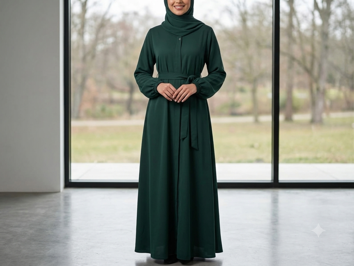 Bottle green nida abaya with elastic cuff sleeves, zipper pocket, matching waist belt