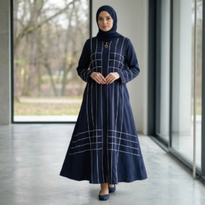 Navy blue nida zoom abaya with white windowpane piping detail, V-neckline, and metallic tassel accent