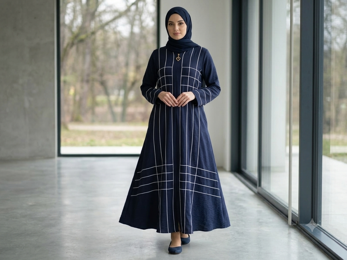 Navy blue nida zoom abaya with white windowpane piping detail, V-neckline, and metallic tassel accent