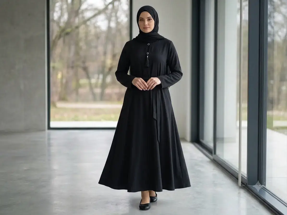 Classic black nida abaya with button and tassel collar detail, waist belt, and A-line flare