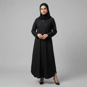 Black nida abaya with single button collar closure and relaxed A-line silhouette