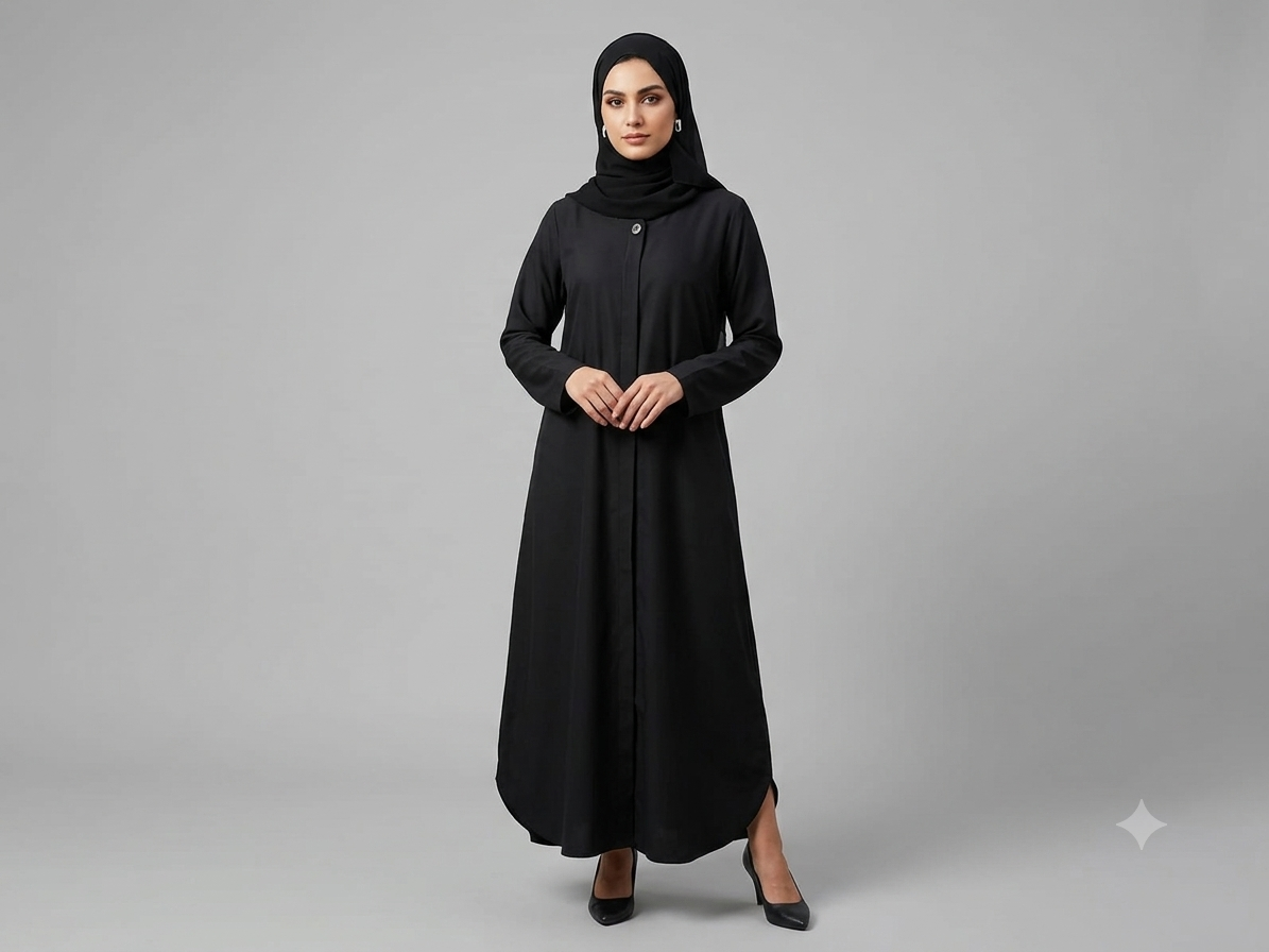 Black nida abaya with single button collar closure and relaxed A-line silhouette