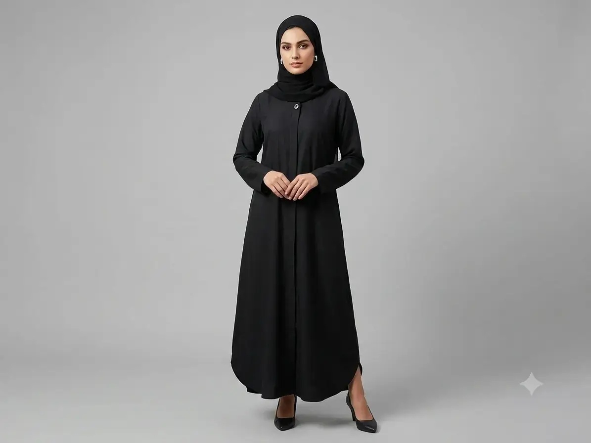 Black nida abaya with single button collar closure and relaxed A-line silhouette