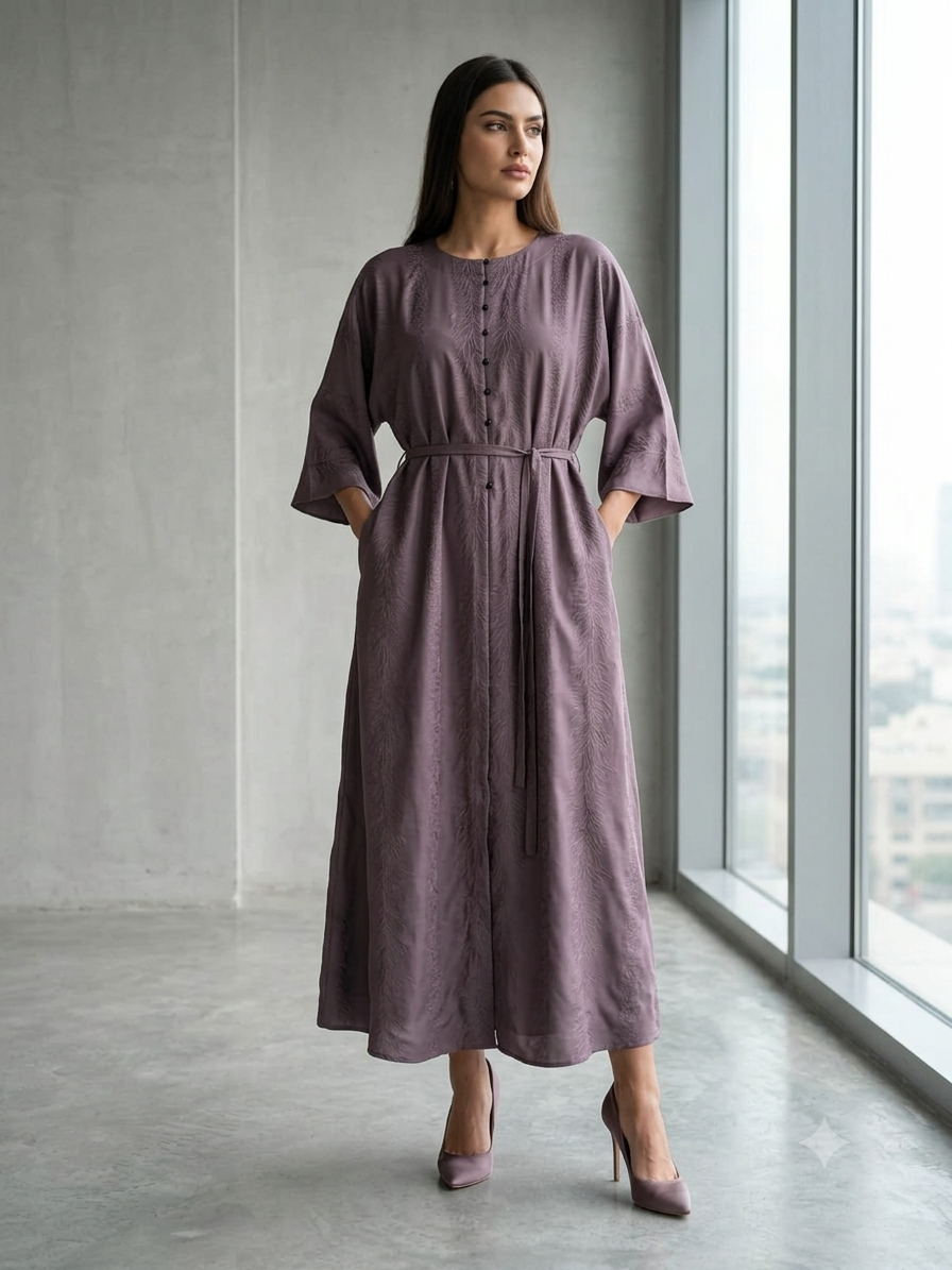 Dusty mauve embossed nida abaya with button front closure, kimono sleeves, and waist belt