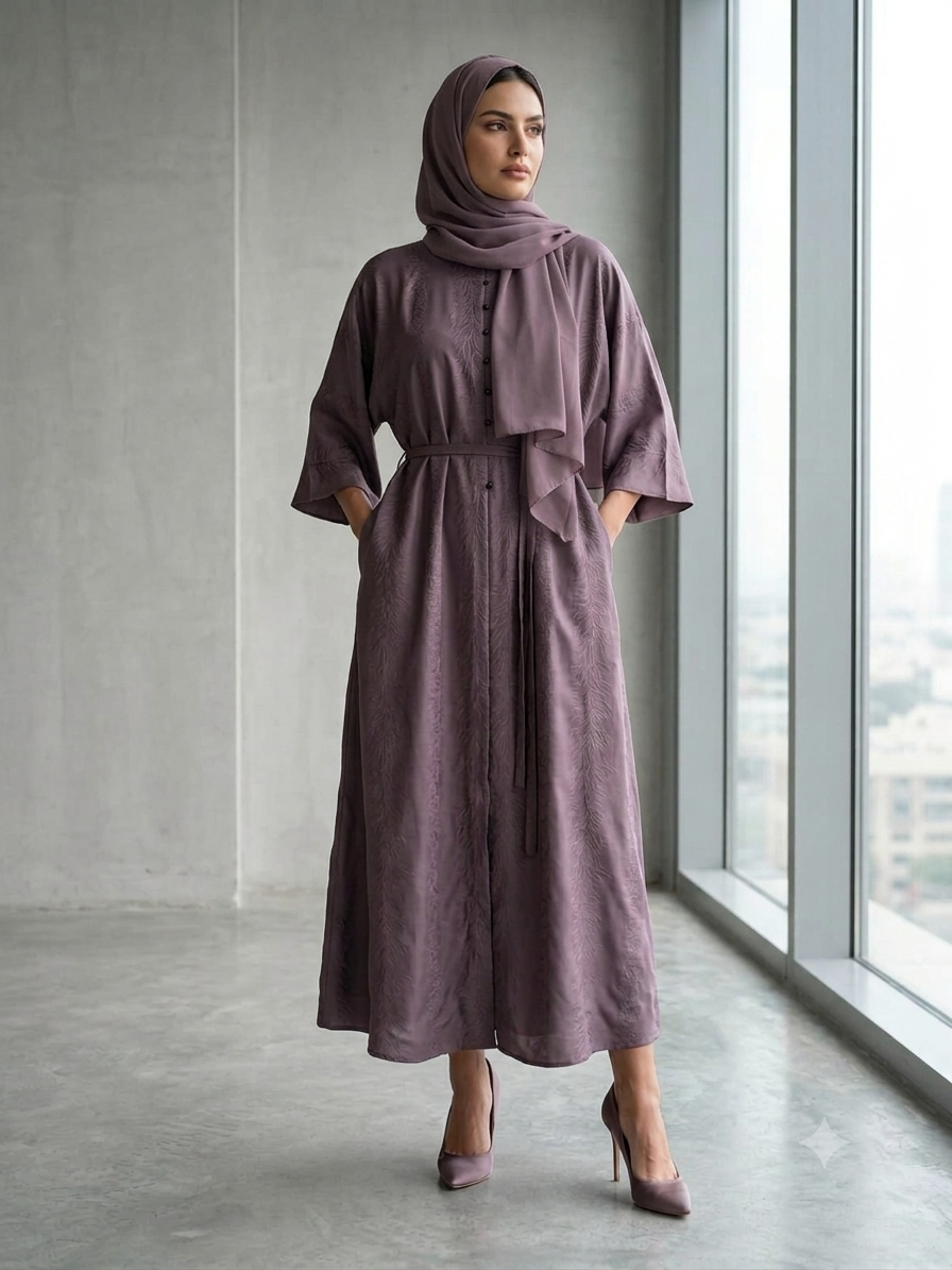 Dusty mauve embossed nida abaya styled with matching hijab, kimono sleeves, and waist belt