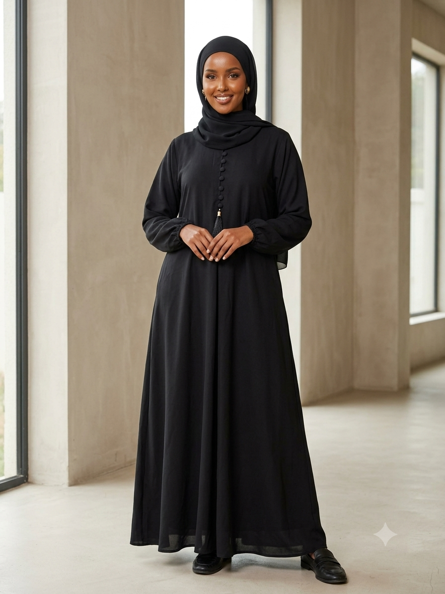 Jet black crinkle nida abaya with front button and tassel detail, elastic cuff sleeves, and side pockets, styled with matching hijab