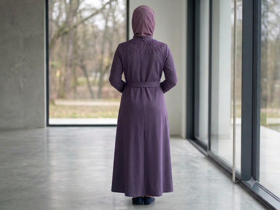 Deep plum nida zoom abaya with embroidered and stone-embellished neckline detail, back view