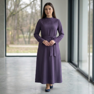 Deep plum nida zoom abaya with embroidered round neckline, open sleeves, and waist belt