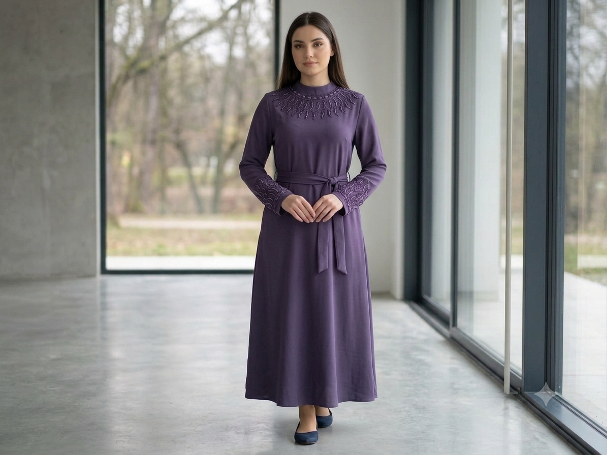 Deep plum nida zoom abaya with embroidered round neckline, open sleeves, and waist belt