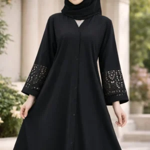Black Georgette plain front open abaya with elegant laser-cut sleeves by hoorhijabnabayas