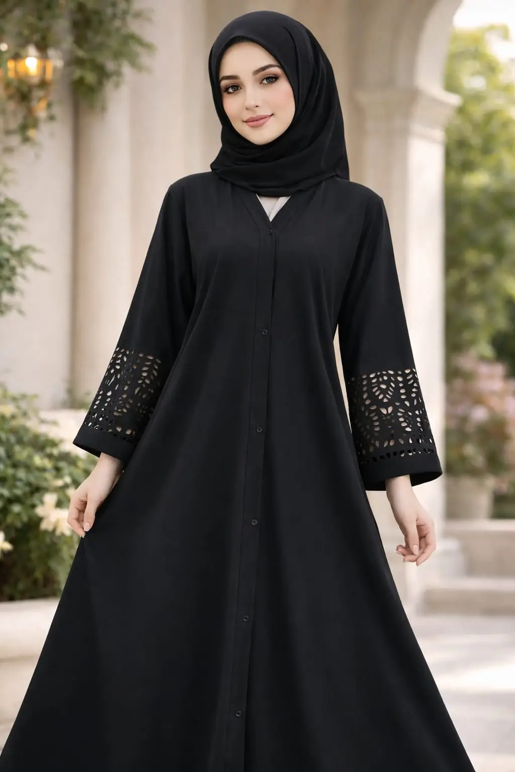 Black Georgette plain front open abaya with elegant laser-cut sleeves by hoorhijabnabayas